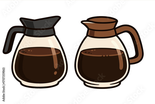 Two coffee pots vector illustration. Set of glass carafes with fresh brewed black coffee. Morning beverage, caffeine drink concept. Kitchenware icon for cafe or restaurant menu design.