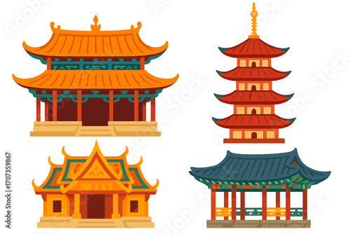 Set of traditional Asian architecture. Chinese temple, Japanese pagoda, Korean palace, Thai house. Vector cartoon illustration of landmarks for travel, culture, and history concepts.