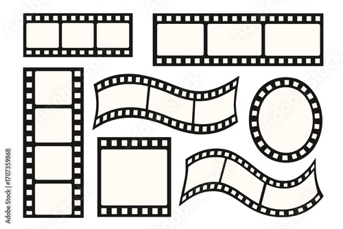 Film strip frame collection. Movie cinema photo border set. Retro video tape and photographic film negative. Vintage reel for multimedia projects. Vector design element template.