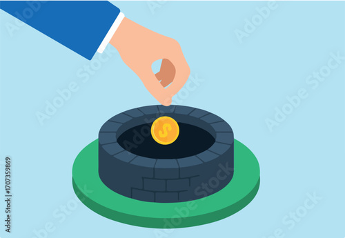 Flat illustration of hand dropping coin into well depth and potential of investments finance