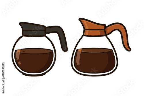 Two glass coffee pots with brewed coffee. Vector cartoon illustration set. Kitchen equipment for breakfast beverage. Carafe icon isolated on transparent background. Drip coffee.