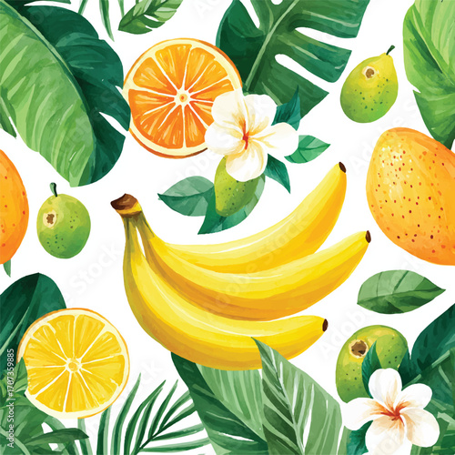 Vibrant illustration of a bunch of ripe bananas with other tropical fruits and leaves.
