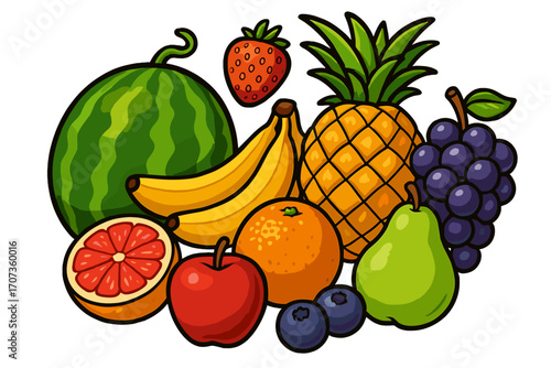 Cartoon fruit assortment vector illustration. Fresh healthy food concept with apple, banana, pineapple, grape. Organic nutrition for diet. Colorful market grocery produce.