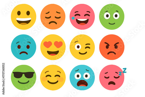 Emoji faces collection vector. Big set of colorful emoticons with different emotions. Cartoon smiley face icons. Flat design character illustrations for social media.