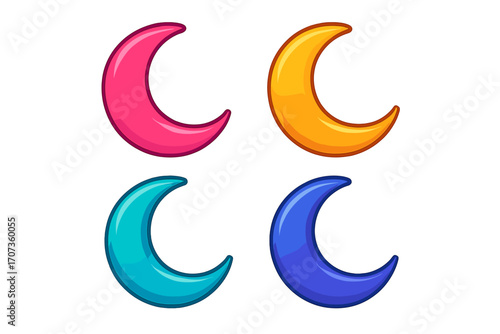 Colorful crescent moon set vector illustration. Cartoon fantasy sky element collection. Lunar phase icon pack for kids. Magic night sleep symbol in vibrant colors. Isolated.