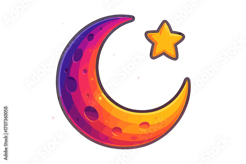 Colorful crescent moon and star vector cartoon. Fantasy celestial icon with vibrant gradient and craters. Magical night sky symbol for kids, astrology, Islamic holiday, Ramadan, Eid Mubarak greeting.