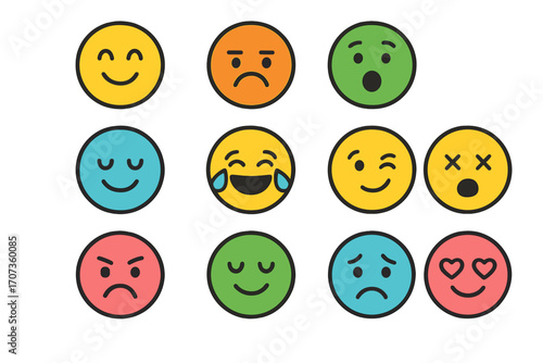 Colorful emoji faces with diverse expressions in simple outline style. Vector cartoon illustration icon set. Emoticon collection for social media, feedback, mood survey.