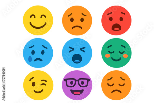Colorful emoji faces collection expressing a range of emotions. Vector emoticon character icon set. Flat design smiley pack for customer feedback, mood scale, rating, and feelings.