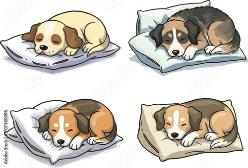 Cute cartoon puppies sleeping on pillows adorable dog illustration, resting pets in cozy positions perfect for children, nursery, animal, pet designsCute cartoon puppies 
