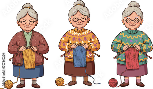 Cute smiling grandmothers knitting colorful yarn, elderly women cartoon character illustration with wool balls, handmade sweater hobby senior lifestyle vectorCute smiling grandmothers knitting 