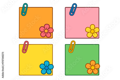 Set of colorful sticky notes with paperclips and flowers. Vector memo pads for office, school, or journaling. Blank reminder notes with copy space for messages.