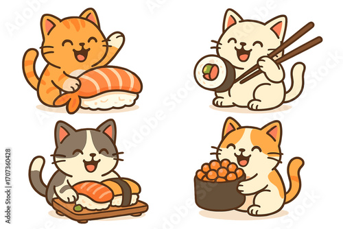 Set of cute cartoon cats eating sushi. Kawaii kitten characters with Japanese food, nigiri, maki roll and chopsticks. Funny animal mascot vector illustration collection.
