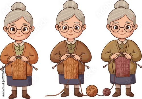 Elderly grandmothers knitting warm sweaters with yarn balls, cute senior women cartoon character illustration, handmade craft hobby lifestyle vectorElderly grandmothers knitting warm sweaters with 