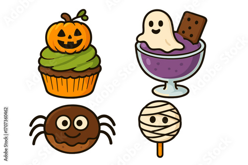 Cute Halloween desserts vector set. Cartoon food illustration collection with spooky fun treats. Includes pumpkin cupcake, ghost ice cream, spider cookie, and mummy cake pop.