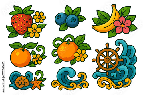Cartoon sticker set of summer fruits and nautical sea elements. Colorful vector collection with strawberry, banana, orange, blueberry, flowers, waves, shell and ship wheel.