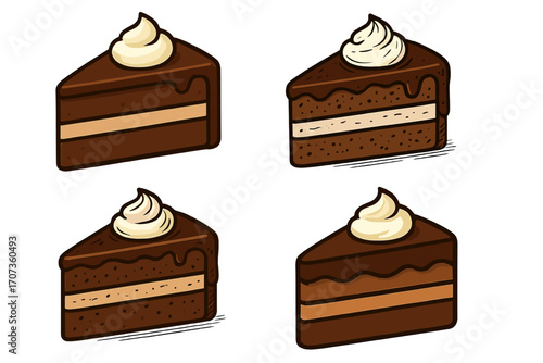 Set of chocolate cake slice illustrations. Vector cartoon dessert pieces with cream topping and layers. Delicious sweet food for bakery, pastry shop menu, or birthday design.
