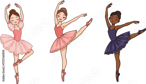 Elegant ballerina girls dancing in pink and purple tutus, performing classical ballet poses with pointe shoes, graceful stage performance art illustrationElegant ballerina girls dancing in 