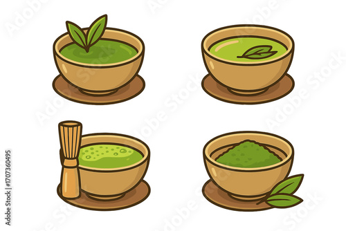 Matcha green tea set vector illustration. Collection of Japanese traditional tea ceremony icons. Includes matcha powder, chasen whisk, and prepared tea in a bowl. Cartoon style.
