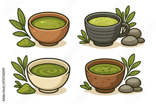 Matcha green tea vector icon set. Japanese traditional tea ceremony with bowl, cup, leaves, powder. Organic zen drink cartoon illustration collection. Healthy beverage design.