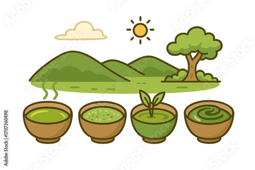 Green tea production stages vector concept. Matcha tea making process from plant to drink. Organic tea plantation landscape. Healthy beverage cartoon icon set illustration.