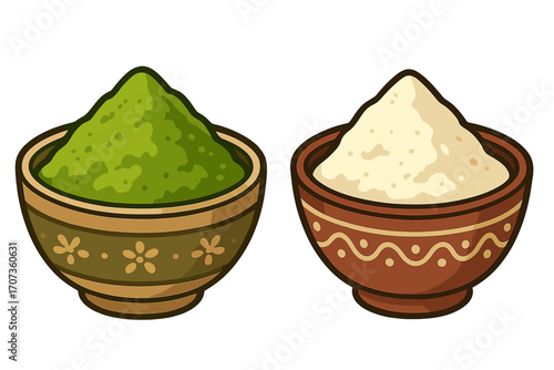 Matcha green tea powder and white flour in decorative ceramic bowls. Culinary ingredients for cooking and baking. Healthy superfood concept. Vector cartoon illustration set.