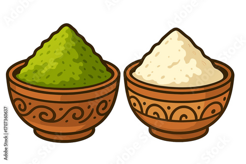 Green matcha tea and flour powder in decorative clay bowls. Superfood ingredients for cooking and baking. Healthy organic culinary spices. Vector cartoon illustration concept.