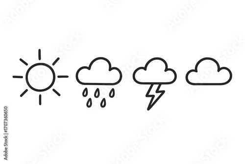 Vector weather icon collection. Hand-drawn minimalist doodle set with sun, rain, storm, and cloud symbols. Simple outline cartoon illustration for forecast and meteorology.