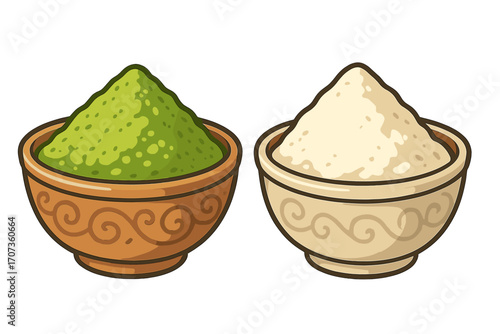Matcha green tea powder and white flour or sugar in decorative ceramic bowls. Culinary ingredients for cooking and baking. Superfood concept. Vector cartoon illustration isolated.