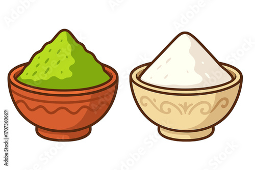 Green matcha tea powder and white flour in ceramic bowls. Culinary ingredients for cooking, baking, or tea ceremony. Healthy superfood concept. Vector cartoon illustration set.