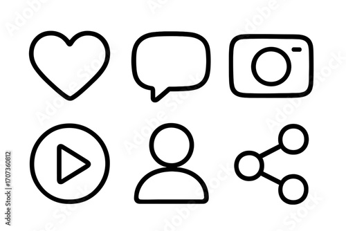 Social media icons set. Minimalist hand-drawn line art. Like heart, comment bubble, user profile, share, play button, and photo camera symbols for UI UX web design.