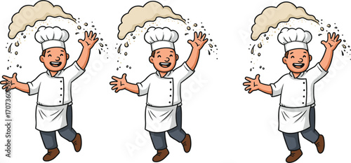 Happy cartoon chef character tossing flour in the air, bakery cooking illustration, joyful baker mascot design for food brandingHappy cartoon chef character tossing flour in the air