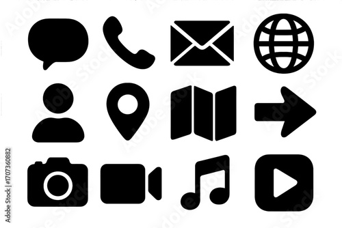Minimalist icon set. Flat black glyph collection for web, mobile app UI design. Communication, navigation, media symbols. Phone, mail, map, GPS, user, photo, video, music icon.