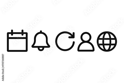 Web and app user interface icon set. Minimalist line art pictograms. Vector collection with calendar, notification bell, refresh or update, profile, and globe symbols.
