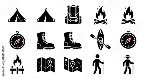 A set of black glyph icons representing outdoor activities like camping, hiking, and exploration, including a tent, backpack, campfire, and compass.