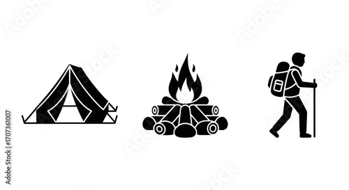 Camping icons: tent, campfire, hiker.