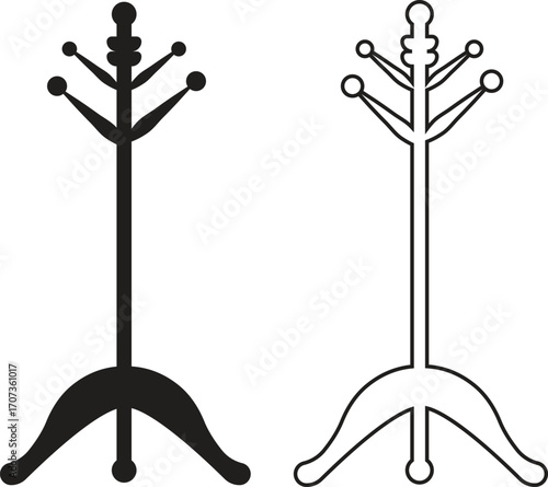 Coat stand hat rack flat, outline icons set, Modern clothes hanger furniture silhouette, wardrobe organizer hall tree, minimalist entryway storage designs group and home interior vectors illustration.