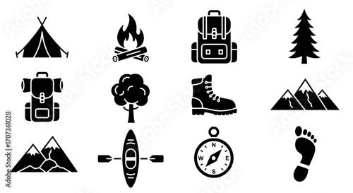 Collection of camping and hiking icons, including tent, campfire, backpack, tree, boots, mountains, kayak, compass, and footprint.
