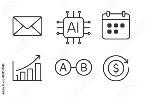 Minimalist business icons for marketing and technology. Vector line art set includes email, AI, calendar, analytics growth chart, A/B split testing, and ROI financial concept.