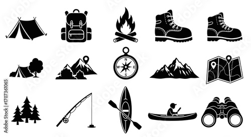 Camping and outdoor adventure icons set.