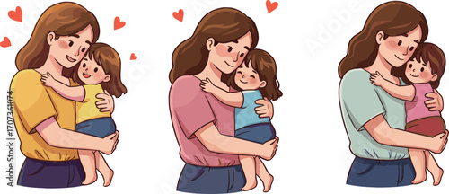 Mother hugging daughter vector illustration, family love, warm embrace, caring parent, happy motherhood, mom with child, affectionate bond, parenting artworkMother hugging daughter vector illustration