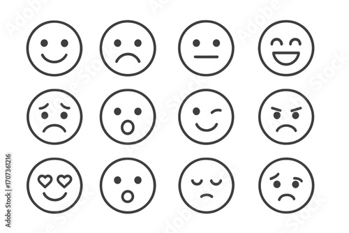 Minimalist emoji faces showing various expressions and emotions. Simple line art design icon set. Vector cartoon illustration of smileys: happy, sad, angry, love, surprised.