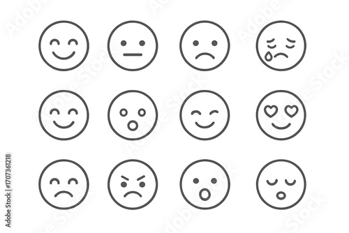 Minimalist emoji faces set with diverse expressions. Outline style vector cartoon illustration. Emotion, feeling, mood concept. Happy, sad, angry, love, cry, surprise icons.