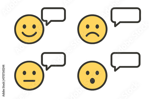 Emoji faces with speech bubbles for chat apps. Minimalist vector icons for customer feedback, satisfaction review, and mood expression. Happy, sad, neutral, surprised emoticons set.