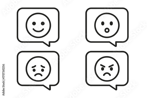 Emoji faces in speech bubbles. Minimalist line icon set for customer feedback, chat, and user reviews. Vector emoticons showing happy, sad, angry, and surprised emotions.