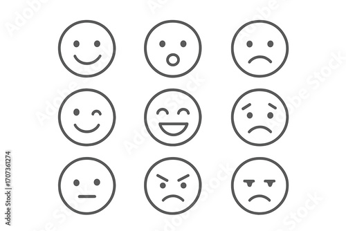 Emoji faces line icon set. Emoticon with various expressions: happy, sad, angry. Vector minimalist symbols for customer feedback, rating scale, and satisfaction level.