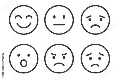 Emoji faces icon set showing different emotions. Minimalist line art cartoon character faces. Happy, sad, angry, neutral, surprised emoticons for customer feedback or rating.
