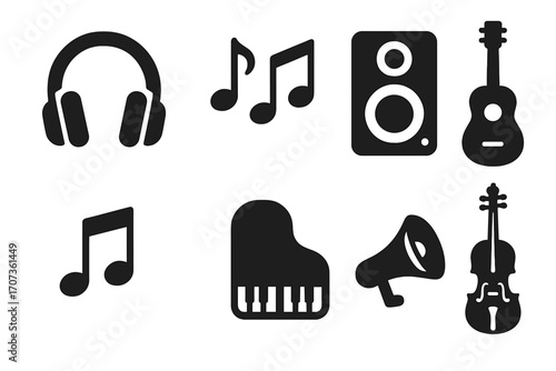 Music icons set glyph collection. Minimalist silhouettes of musical instruments. Vector pack with headphones, note, speaker, guitar, piano, violin, and sound symbols.