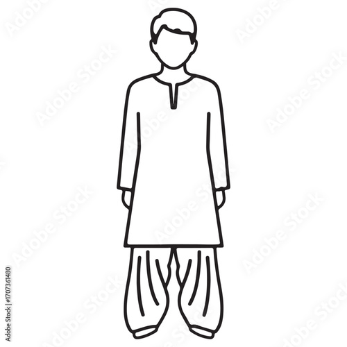 Cultural Gender-Neutral Shalwar Kameez Figure Icon in Line Art: Ideal for South Asian UI and Presentation Graphics