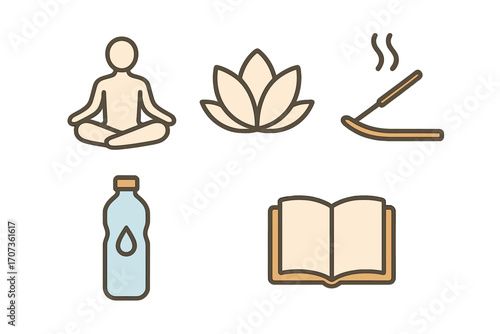 Wellness and meditation icon set with minimalist symbols for a healthy lifestyle. Vector cartoon illustration of yoga, lotus flower, incense, hydration, and reading for self-care.