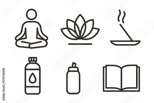 Wellness and meditation icon set vector. Minimalist line art symbols for health and self-care. Yoga pose, lotus flower, incense, hydration bottle, and book for mindfulness.